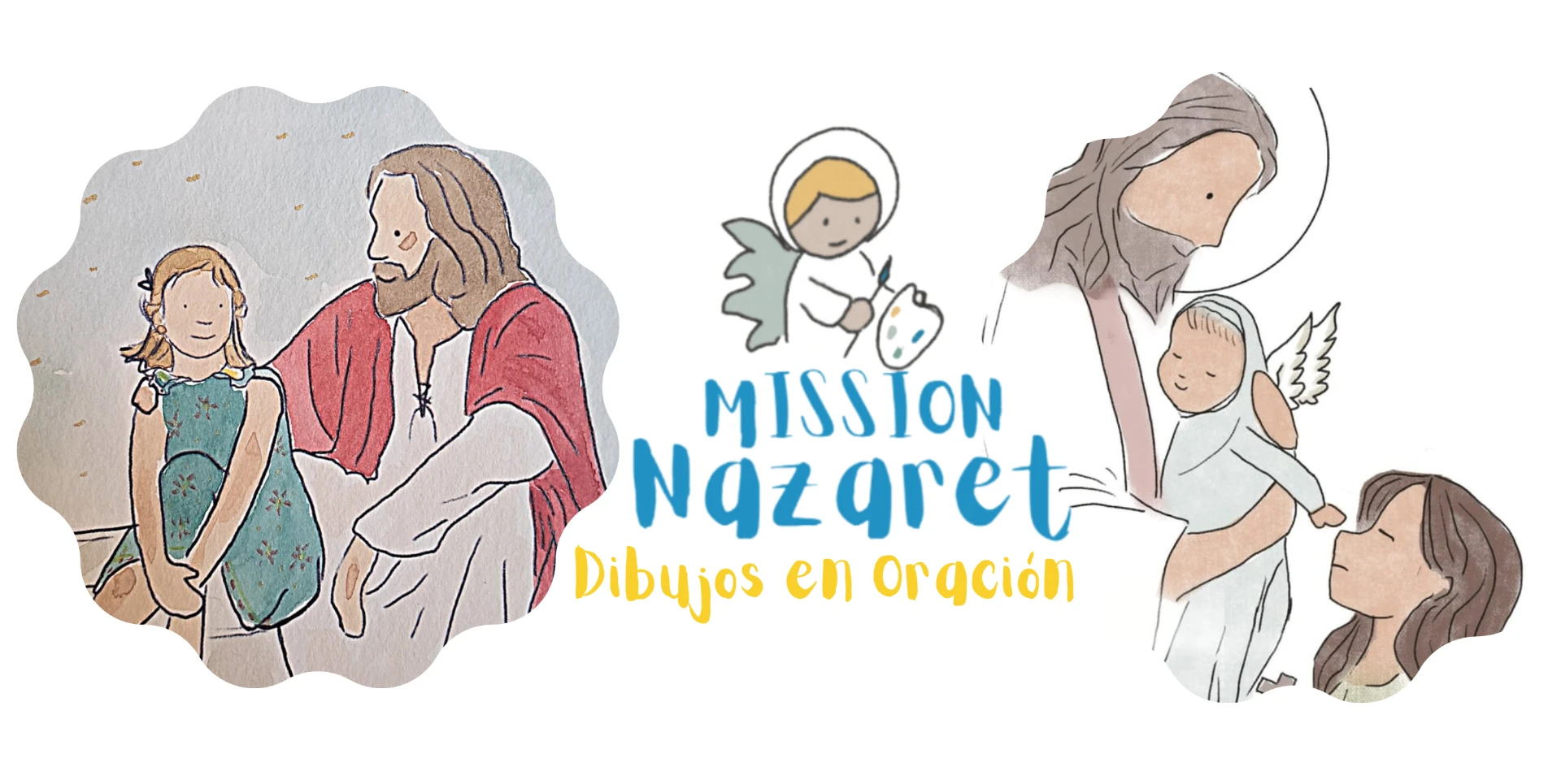 Acuarelas de Bego Díez: Jesús con una niña, el logotipo de Missionazaret y Jesús con la Virgen niña